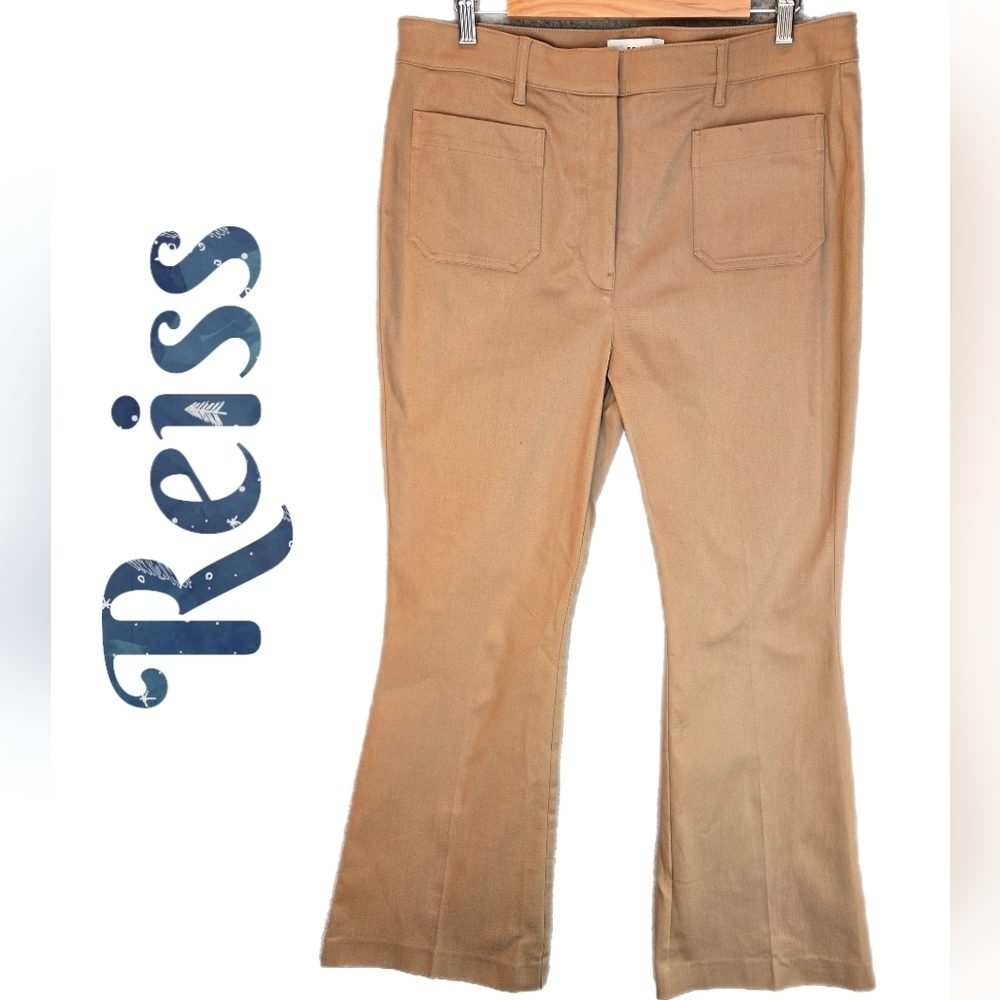 Reiss Patch Pockets Flare Pants Sz 12 Stretch Twill High Rise Tan*